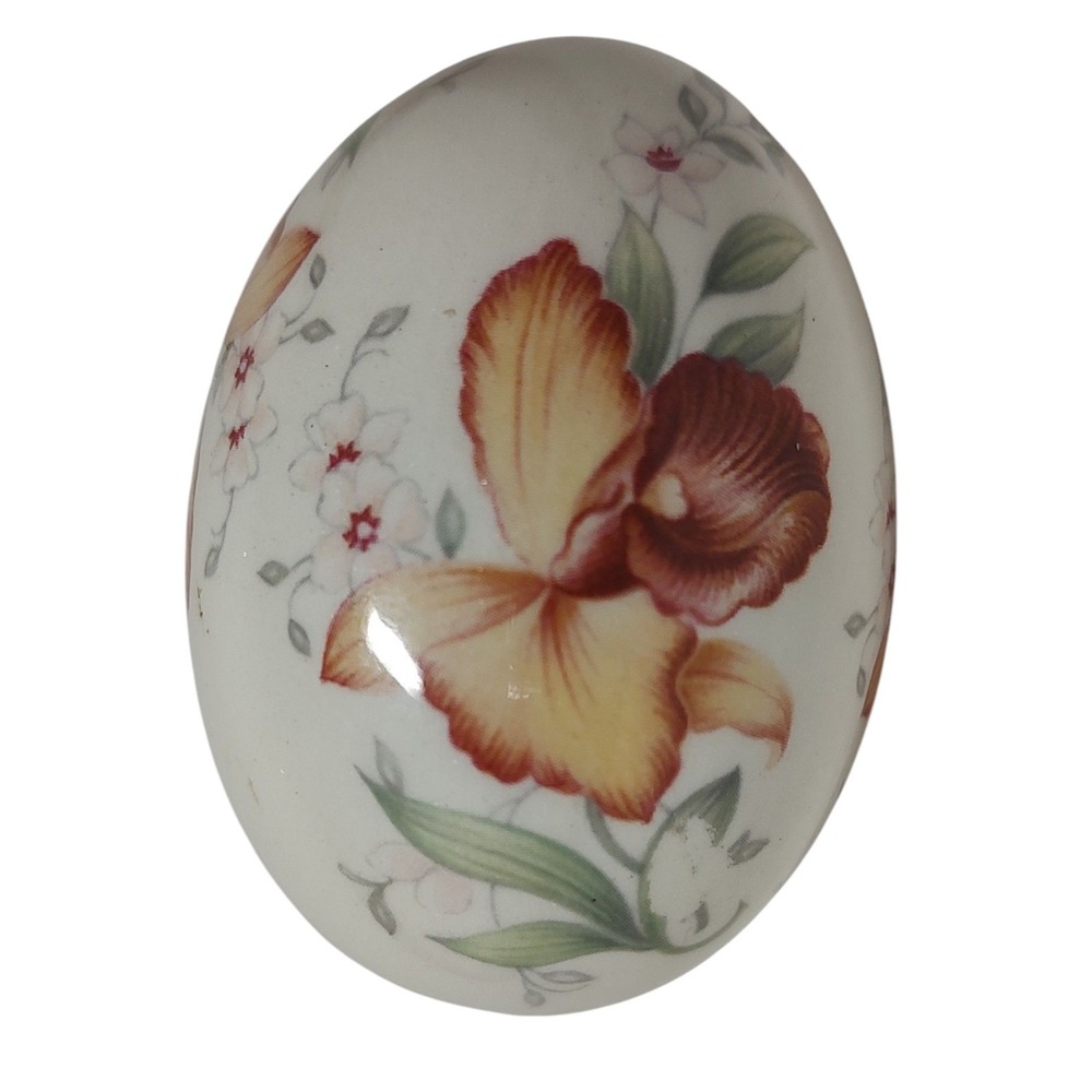 The Egg Lady Vintage Porcelain Egg Yellow Flowers Intricate Design 2.5 Inches